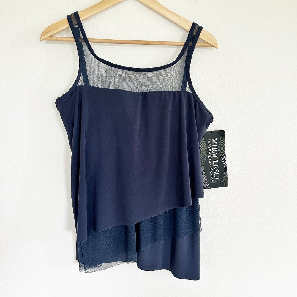 NWT Miraclesuit Tankini Top 14 Blue Mirage Underwire Asymmetric Mesh Swim